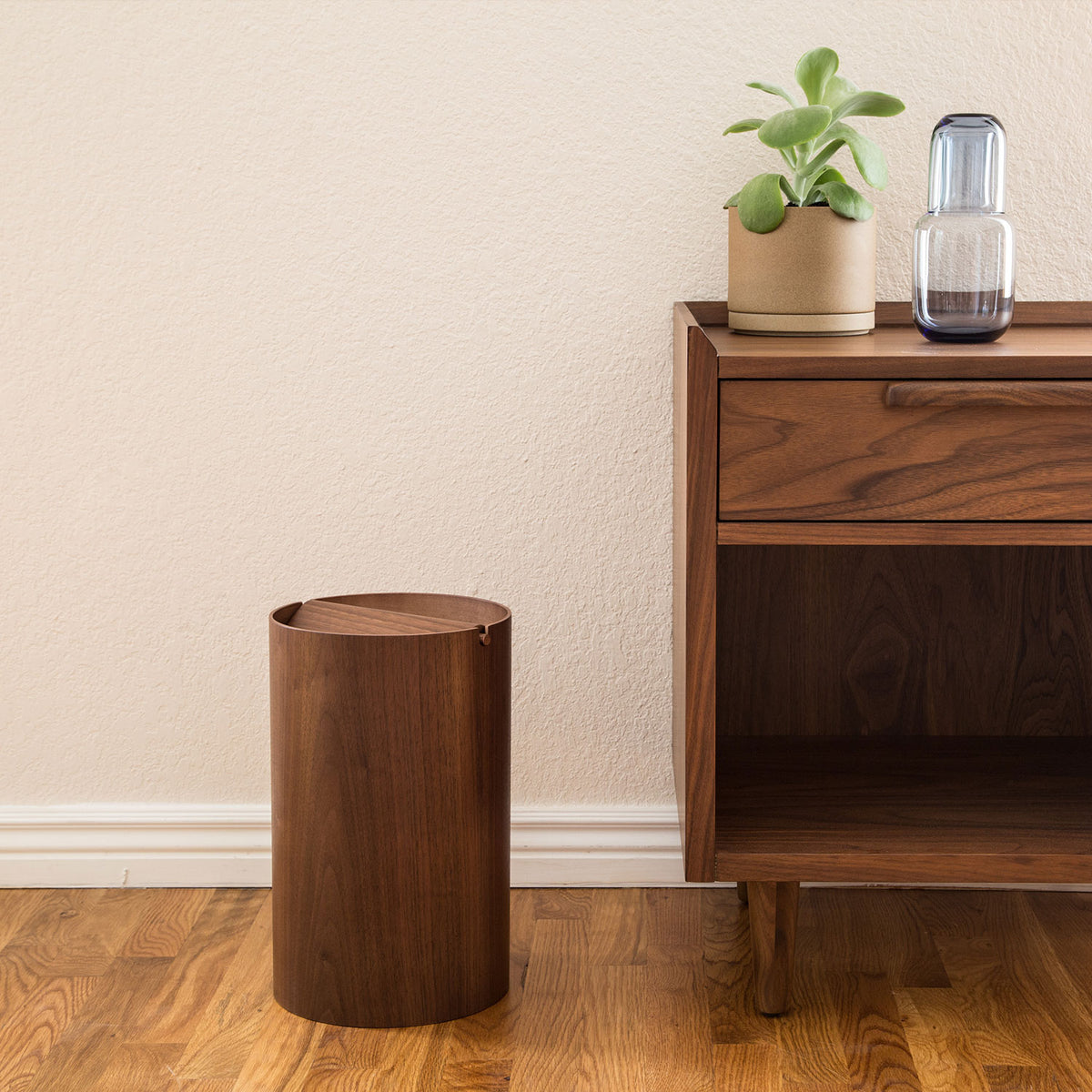 Waste Basket With Lid - Medium, Walnut-Waste Basket-Saito Wood-JINEN